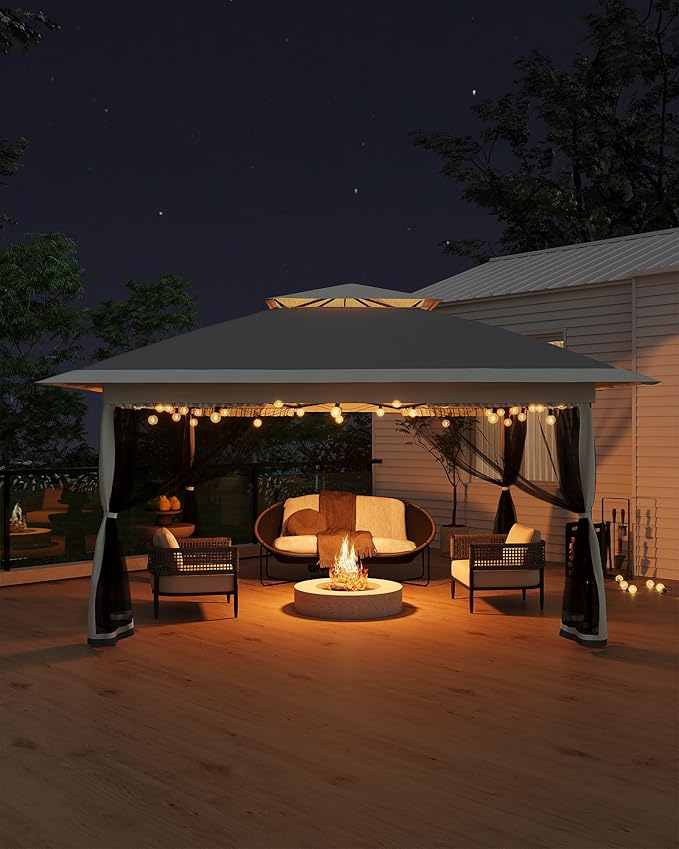 Canopy Tent 13x13 ft, Pop Up Gazebo One-Push Setup with 4 SandBags for Backyard Parties and BBQs, Mosquito Netting & Height Adjustable - Grey