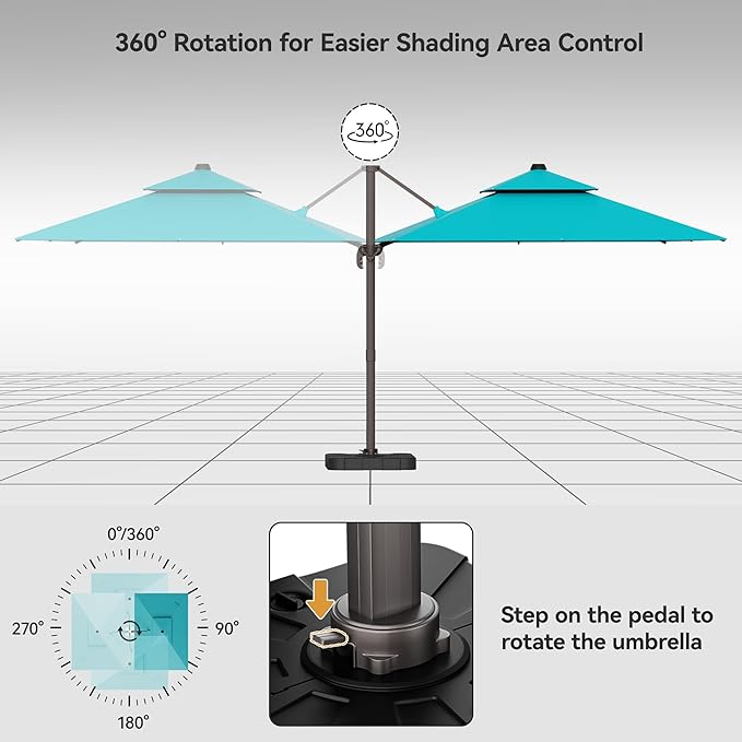 9x12FT Turquoise Cantilever Outdoor Patio Umbrella with Base, Large Rectangular Offset Design, Double Top Heavy Duty Aluminum Frame & 360° Rotation for Pool Garden Deck Backyard