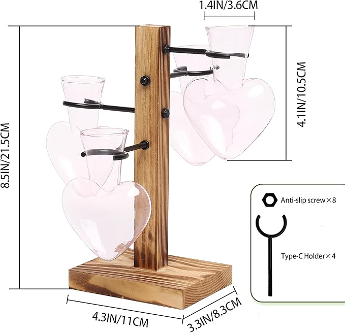 Terrarium Propagation Station, Pink Heart Glass Vase with Wood Stand