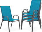 Outdoor Stackable Chairs Set of 6, Stacking Patio Chairs with Textilene Fabric, Outside Furniture for Garden Backyard Balconie Poolside Deck, Blue