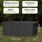 150 Gallon Outdoor Deck Box, Lockable Waterproof Outdoor Storage Boxes For Garden Tools,Indoor Cushions,Accessories Outside Storage Resin Weatherproof Container(Black)