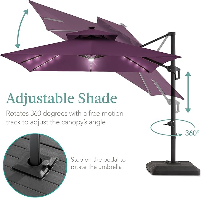 Best Choice Products 10x10ft Cantilever Patio Umbrella w/Base Included, Solar LED Lights 360 Rotation Large Offset Hanging Outdoor Shade for Deck Pool Backyard w/Stand – Amethyst Purple