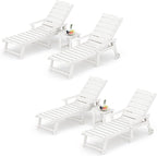 LUE BONA Chaise Lounge Chair with Table, 6-Piece, HDPS Chaise Lounger, 5 Positions Adjustable Lounge Chairs, Pool Lounge Chair with Wheels for Poolside, Backyard, White