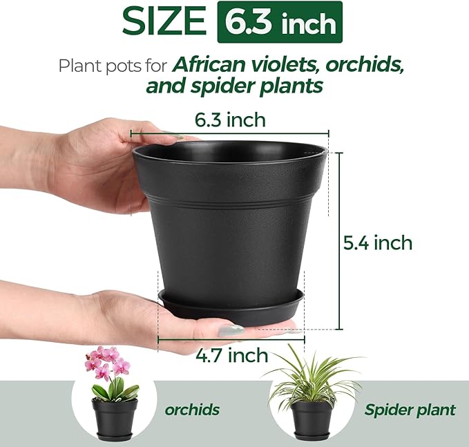 T4U 6 Inch Plant Pot 8-Pack, Plastic Planter with Drainage Hole and Saucer, Decorative Nursery Pots Bulk for African Violet, Snake Plant, Succulent, Herb and Plants Indoor (8 Pcs 6" Pots, Black)