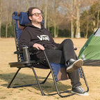Zero Gravity Chair Set of 2 Oversized Padded Recliner with Adjustable Headrest & Cup Holder - 600D Oxford Folding Lounge Chair for Outdoor Camping, Patio, Poolside (Brown & Blue)
