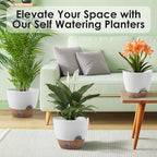 Self-Watering Plant Pots with Water Level Indicator, Drainage Holes & Saucers – 12/10/9 Inch Large Plastic Planter Set for Indoor & Outdoor Plants (White)