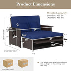 LDAILY Moccha Outdoor Daybed, Wicker Loveseat Sofa Set with 4-Postion Adjustable Backrest, Storage Ottoman, Cushions, Rattan Double Bed Lounger, Patio Furniture Set (Navy)