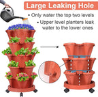 DUNCHATY Stackable Planters 5 Tier Vertical Garden Planting Tower Planters Strawberry, Herb, Flower, and Vegetable Planter Indoor Outdoor Gardening Pots with Removable Wheels and Tools