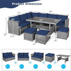 Tangkula 7 Pieces Patio Furniture Set, Outdoor Sectional Rattan Dining Sofa Set with Cushions, All Weather Wicker Conversation Couch Set with Dining Table & Ottomans for Yard Garden Poolside, Navy