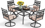 PHI VILLA 5 Pieces Outdoor Dining Set for 4, 37" Square Black Metal Table & Wrought Iron Swivel Chairs, All Weather Large Outside Furniture with Cushions & Pillows for Patio, Deck, Porch