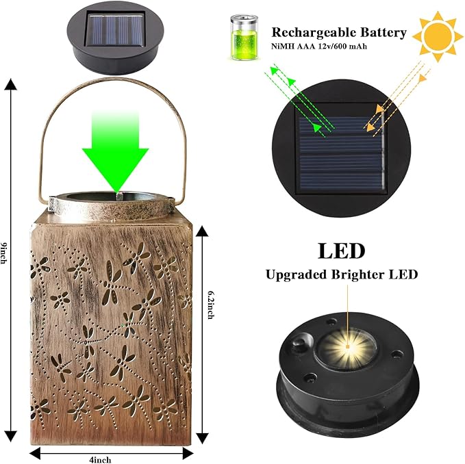 Lanterns, 2-Pack Bronze Metal Solar Outdoor Hanging Lights