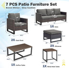 Belord 7 Piece Outdoor Furniture Patio Wicker Sofa Set, Oversize Outdoor Dining Chairs with Rattan Ottomans, Conversation Sets Patio Furniture Come with Removable Washable