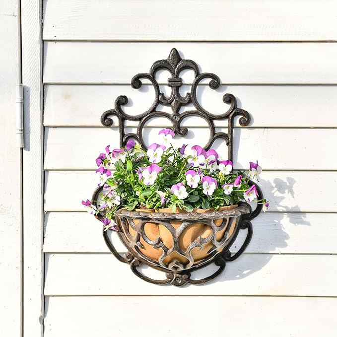 Hanging Planters, 2 Pack Cast Iron Half Round Wall Baskets, Rustic Brown