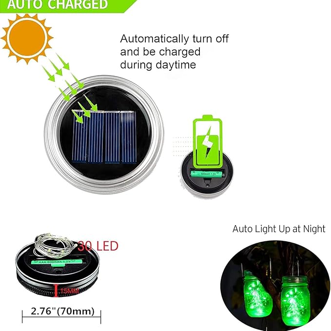 String Lights, 12 Pack Green Solar Mason Jar Lights with 30 LEDs