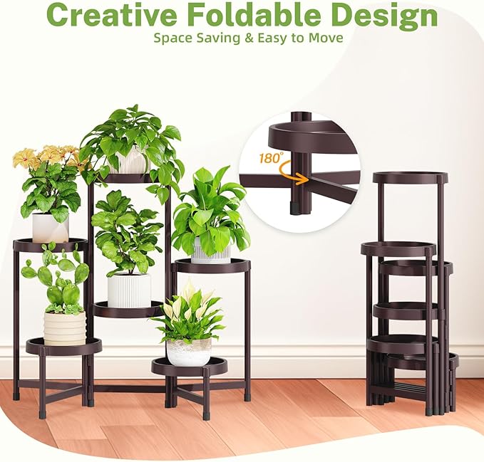 iDavosic.ly 6 Tier Folding Plant Stand Indoor Outdoor with Plastic Tray, Tiered Corner Flower Holder Shelf, Metal Orchid Display Rack for Patio Porch Living Room Garden Balcony, Bronze