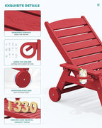SERWALL Patio Chaise Lounge Chair, 78'' Long HDPE 5 Positions Adjustable Outdoor Lounger, Poly Lounge Chair with Rolling Wheels & Cup Holder for Pool, Bright Red