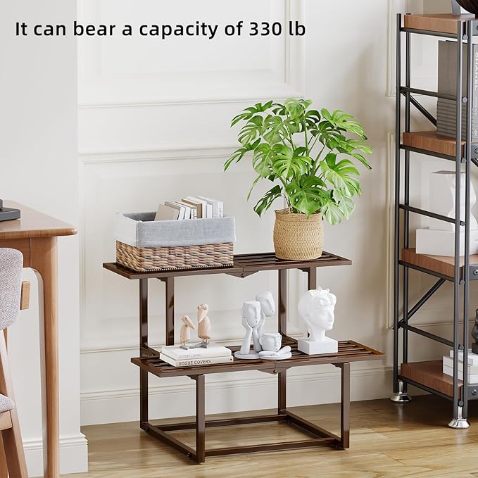 Metal Plant Stand, Foldable Heavy Duty Indoor, Window Iron Plant Shelf - Mid Century Modern Slatted Display for Patio, Garden, Living Room Load Bearing 330 lbs 26" L x 20.2" H x 17.7" W 2 Tier Coffee