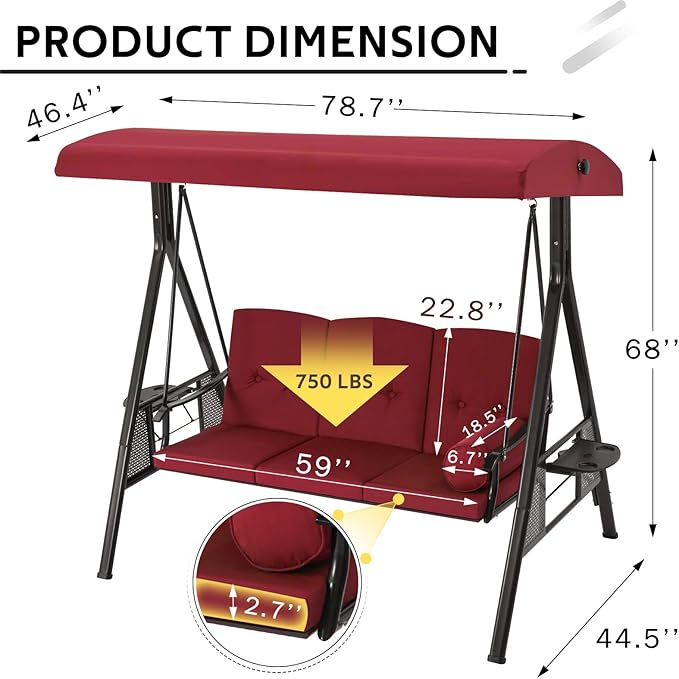 U-MAX 3-Seat Porch Swing Chair Steel Frame, Patio Swing Chair with Stand and Removable Cushions, Outdoor Canopy Swing Chair for Outside, Backyard, Garden, Burgundy Cushion