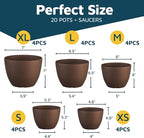 Planter Pots with Drainage Holes - Lightweight, Durable & Space-Saving Pots for Indoor and Outdoor - Versatile Functionality, Simple Modern Design, Set of 20 Plastic Planter Pots - Brown