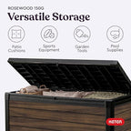 Keter Signature Collection 150 Gallon Resin Deck Box Organization and Storage for Patio Outdoor Cushions, Throw Pillows, Garden Tools and Pool Supplies, Rosewood
