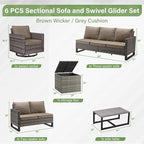 Belord Family Reunion Patio Conversation Set - 6 Piece Outdoor Sectional Furniture Set with Storage Box and Wicker Swivel Glider Chair Set of 2,Removable Gray Cushions for Deck Backyard Sunroom