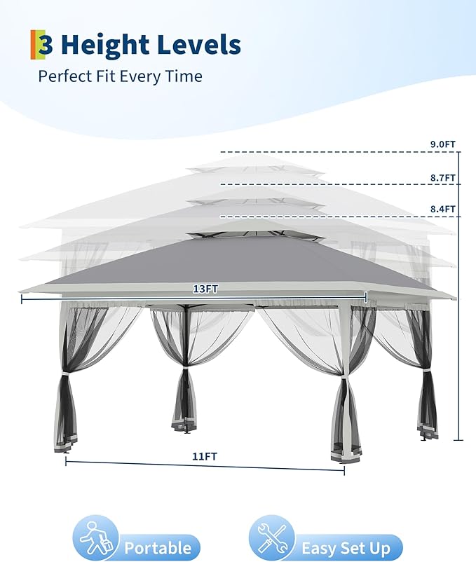 Canopy Tent 13x13 ft, Pop Up Gazebo One-Push Setup with 4 SandBags for Backyard Parties and BBQs, Mosquito Netting & Height Adjustable - Grey