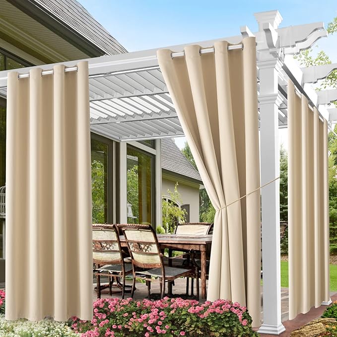 Outdoor Indoor Curtains W52 x L108 for Patio - Weather-resistant Window Panels Privacy Protect Grommet Top Thermal Insulated Home Curtain for Porch Garden Hot Tub Area (Beige, 2 Panels)