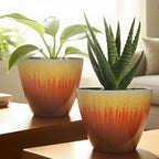 8 inch Plant Pots Pack of 2, Plastic Flower Pots Flower Pots, Modern Glossy Finishing Planter for Indoor Outdoor Plants (Orange Glaze)