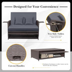 HAPPYGRILL Patio Rattan Wicker Daybed with Loveseat & Storage Ottoman, Outdoor Lounge Sofa Furniture Set with Adjustable Backrest & Side Trays, for Poolside Deck Porch Lawn (Mix Brown & Grey)