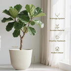 WORTH Garden Round Large Planter Pot Set of 2-17.5" Dia x 15.5" H - Durable Plastic Beige Plant Tree Pots with Vertical Stripe Textured Finish, Drainage Hole for Indoor, Outdoor, Front Porch, Patio