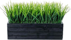 MyGift 14 Inch Artificial Green Grass Plant in Vintage Black Wood Planter Window Box, Faux Greenery in Decorative Rectangular Crate Style Wooden Container