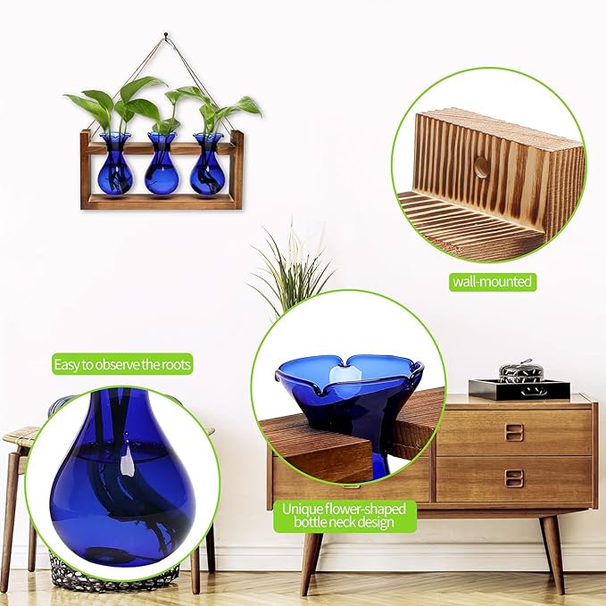 Terrarium Propagation Station, 3 Blue Borosilicate Glass Bulbs, Wooden Stand
