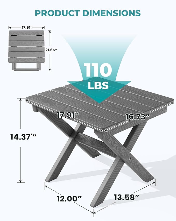 Side Table, Gray Foldable HDPE Patio End Table