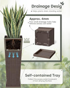 Greesum Set of 2 Tall Plastic Planters with Saucer, 32 Inch Large Pots with Drainage Trays, Weather-Resistant Plastic Plant Containers for Patio, Porch, Garden,Brown
