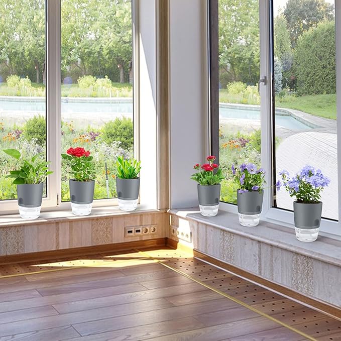 ShineMe Self Watering Flower Pots, 4.1 Inch Self Watering Planters for Indoor Plants, 6 Pack Plastic Plant Pots for African Violets, Herbs, Aloe, Peace Lily with Absorbent Cotton Rope (Gray)
