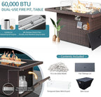 NICESOUL Modern Outdoor Couches with Firepit Table Propane/Natural Gas, 29.3'' High Back Comfy Conversation Set with Fireplace, 10 Seater Large Wide Patio Furniture Set, Brown Rattan and Teal Cushion
