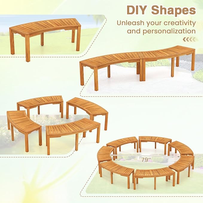 Tangkula Outdoor Curved Bench, Acacia Wood Fire Pit Bench w/Slatted Seat, Patio Backless 2-Person Seating for Porch, Yard, Garden, 800 LBS Max Load, Oil Painted (1, 45")