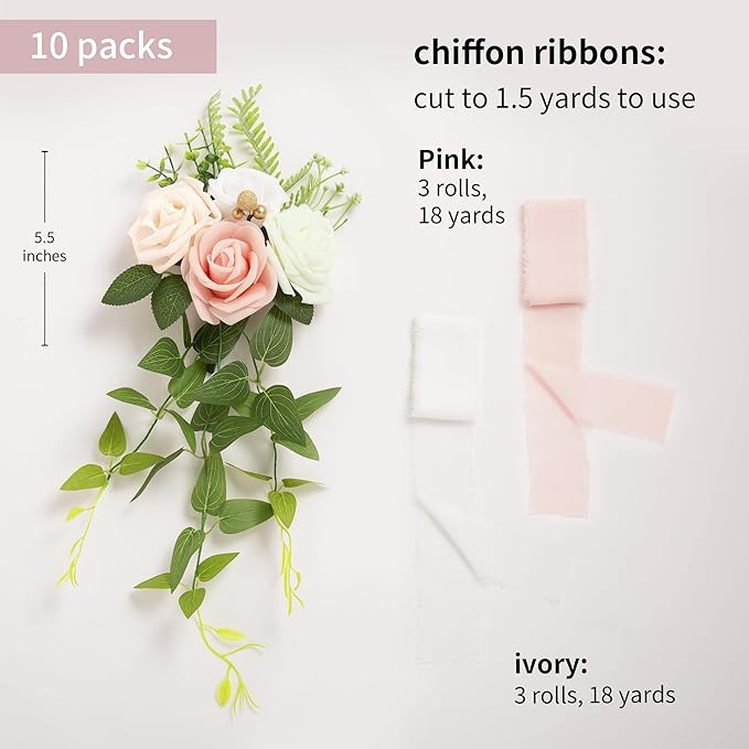 Artificial Flowers Set of 10 Pink Rose Pew Decor with Ribbon Ties