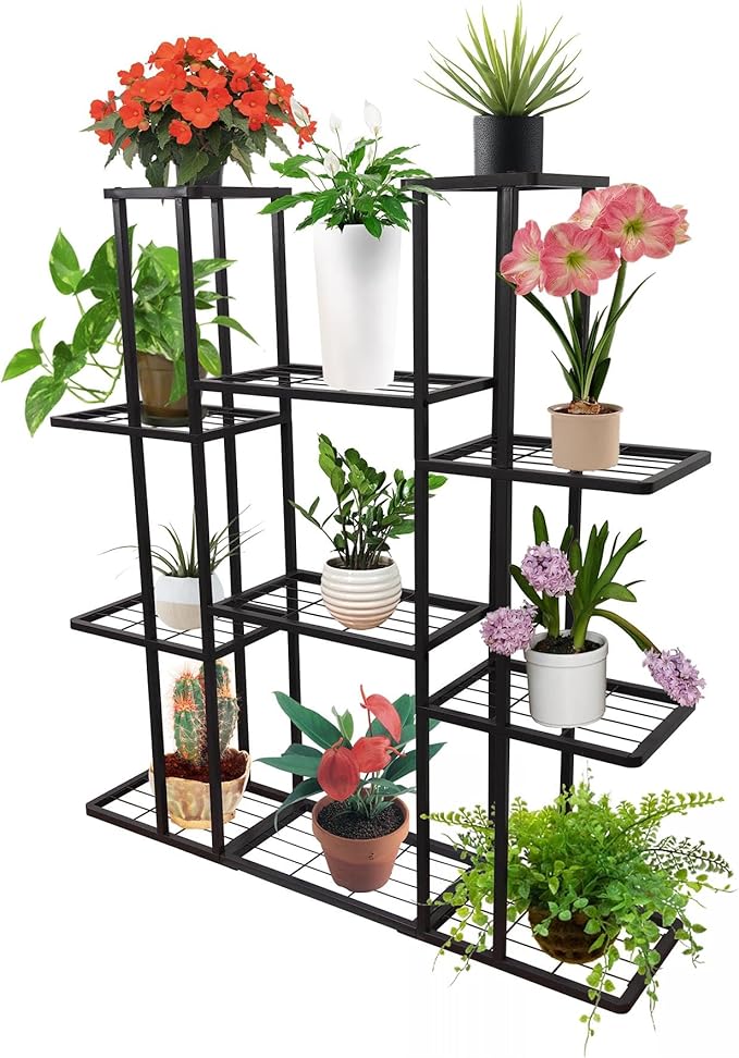 MTB Garden 4 Tier 11 Potted Metal Large Plant Stand for Indoor Outdoor Flower Pot Display Planter Shelf, Charcoal Grey