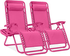 Best Choice Products Set of 2 Adjustable Steel Mesh Zero Gravity Lounge Chair Recliners w/Pillows and Cup Holder Trays - Hot Pink