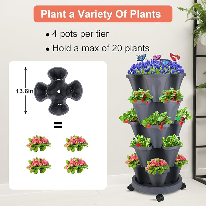 GameXcel Vertical Planter, 5 Tier Stackable Strawberry Planter with Garden Tool Set, Movable Indoor/Outdoor Garden Herb Pot for Growing Vegetables and Succulents, Dark Gray