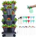 GameXcel Vertical Planter, 5 Tier Stackable Strawberry Planter with Garden Tool Set, Movable Indoor/Outdoor Garden Herb Pot for Growing Vegetables and Succulents, Dark Gray