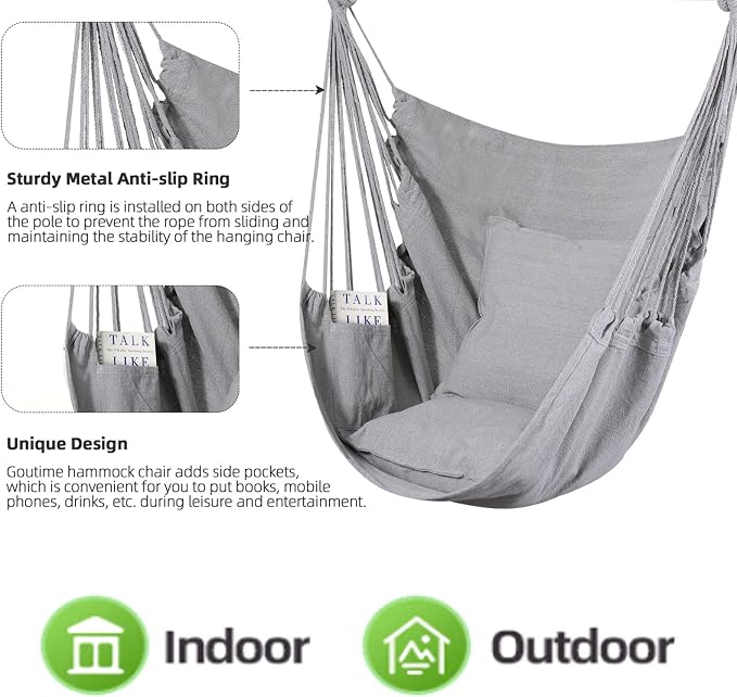Hammock Chair, Gray Cotton Macrame Rope Swing for Indoor or Outdoor Use