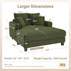 64" Chaise Lounge Chair Indoor, Oversized Sleeper Chair with Wood Frame, Upholstered Sofa Bed for Living Room, Movie Room, Bedroom with 4 Storage Pockets&2 Cup Holders(Plush Corduroy, Green)