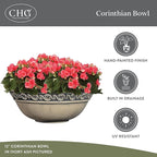 Classic Home and Garden Corinthian Shallow Planter with Drainage - Decorative Garden Bowl Planter for Succulents, Flowers, & More - UV Resistant Wide Plant Bowl for Indoors/Outdoors (12” Ivory Ash)