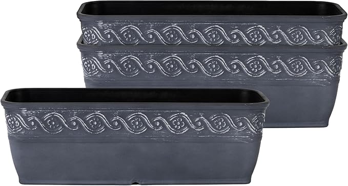 Classic Home and Garden Corinthian Rectangular Trough Window Box Planter, 10", Storm Gray, Pack of 3