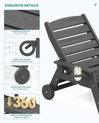 SERWALL Patio Chaise Lounge Chair Set of 6, 5 Positions Adjustable Poly Outdoor Lounger for Pool, HDPE Lounge Chair with Rolling Wheels & Cup Holder for Poolside, Deck, Slate Gray