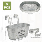 Briful 10'' Hanging Planter Outdoor 5PCS Metal Railing Planter for Herb Flower, Oval Galvanized Buckets with Detachable Hooks, Garden Fence Balcony Windowsill Hanging Pot, Silver