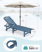 SERWALL Outdoor Chaise Lounge Set of 2 with 9FT Umbrella, HDPE Pool Lounge Chair with 5-Position Adjustable Backrest, Patio Lounger with Rolling Wheels & Cup Holder for Pool, Navy