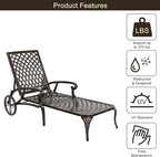 VINGLI Cast Aluminum Outdoor Chaise Lounge Chair with Wheels, Patio Chaise Lounge with 3-Position Adjustable Backrest, Tanning Chair Reclining Chair for Poolside (Bronze, Without Cushion)